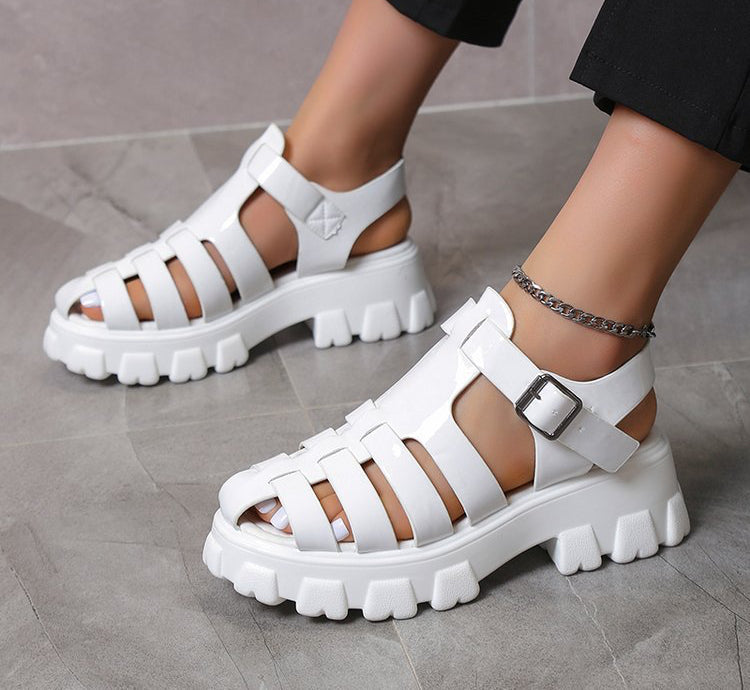 Casual Mid Heel Buckle Strap Women's Platform Roman Sandals