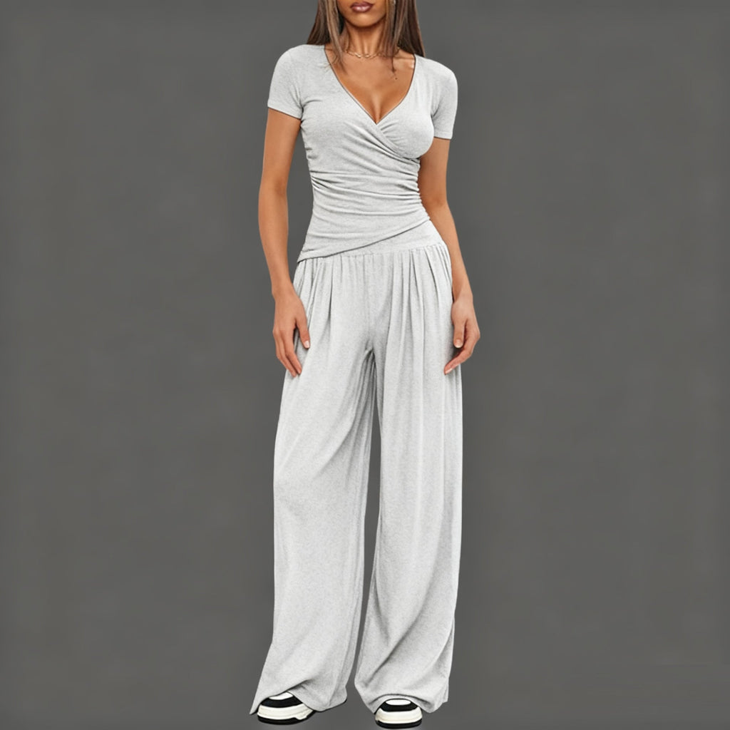 2 Pieces Women's V Neck Short-sleeve Sportswear Top And Wide-leg Pants Set Casual Comfortable Outfit Set For Daily Wear Gym Sports Outfit