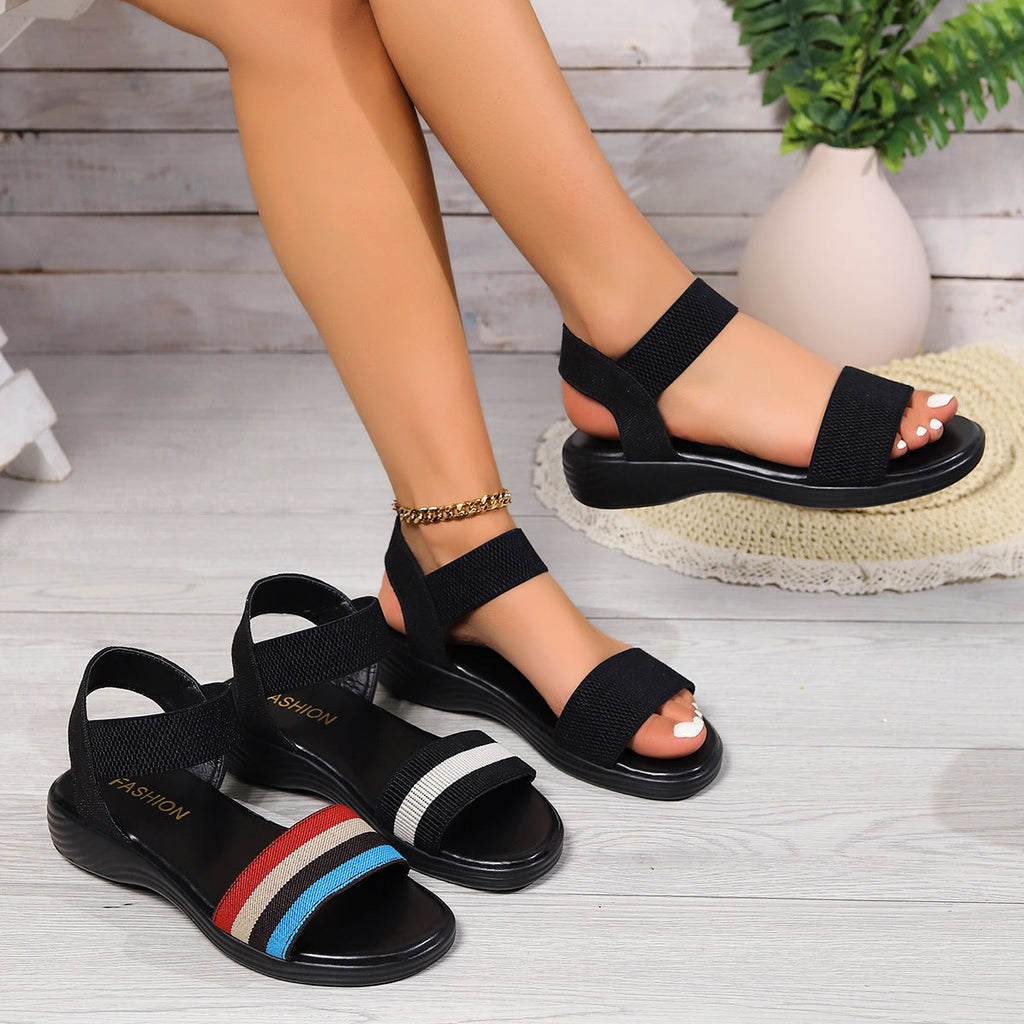 Kenike color-block elastic summer sandals for women with fish mouth flat design, stylish and comfortable footwear for warm weather.