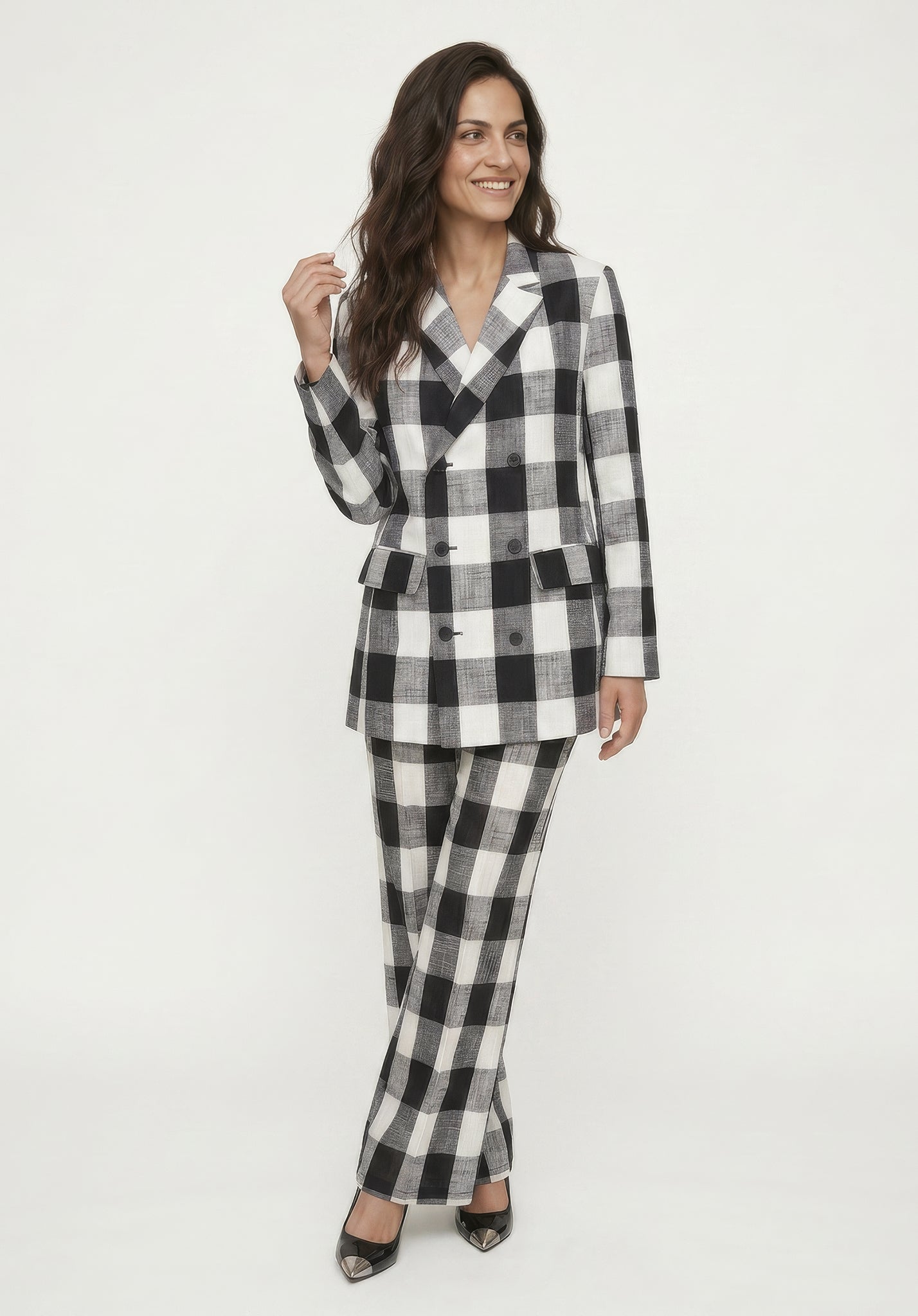 Zena Double Breasted Check Jacket in Black and White