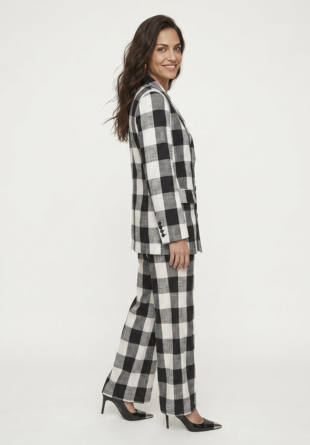 Zena Double Breasted Check Jacket in Black and White