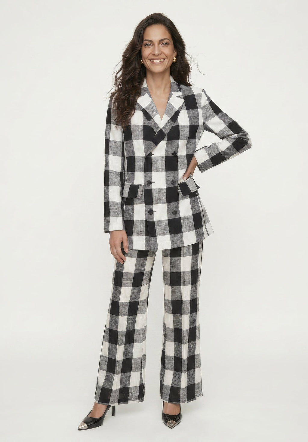 Zena Double Breasted Check Jacket in Black and White