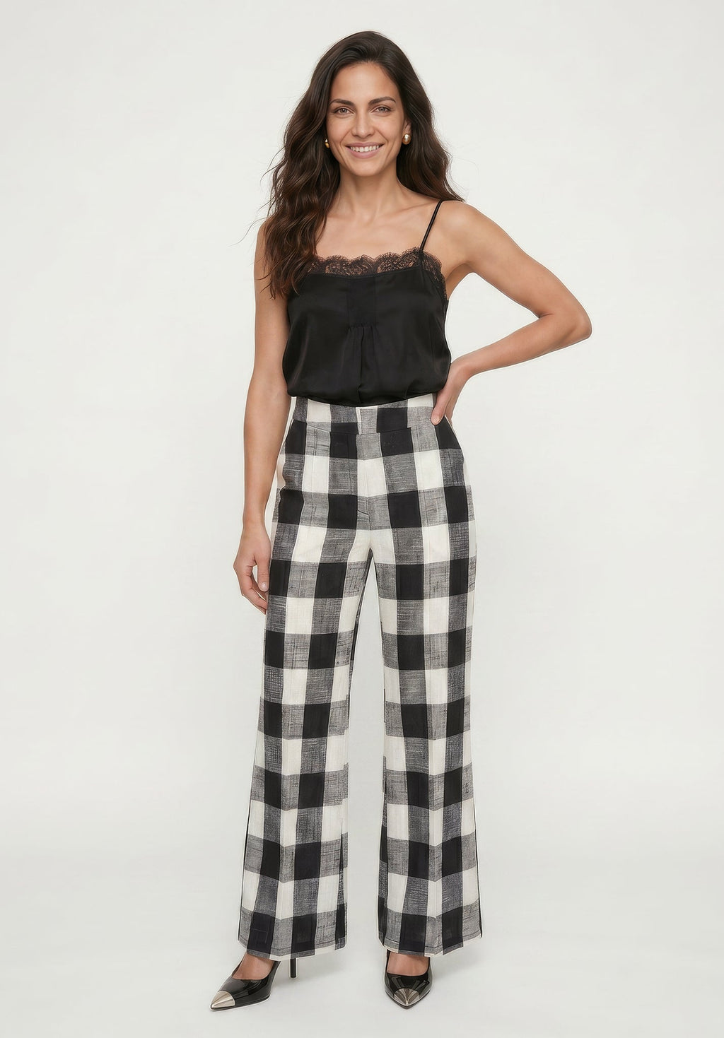 Zena Flared Check Trouser in Black and White