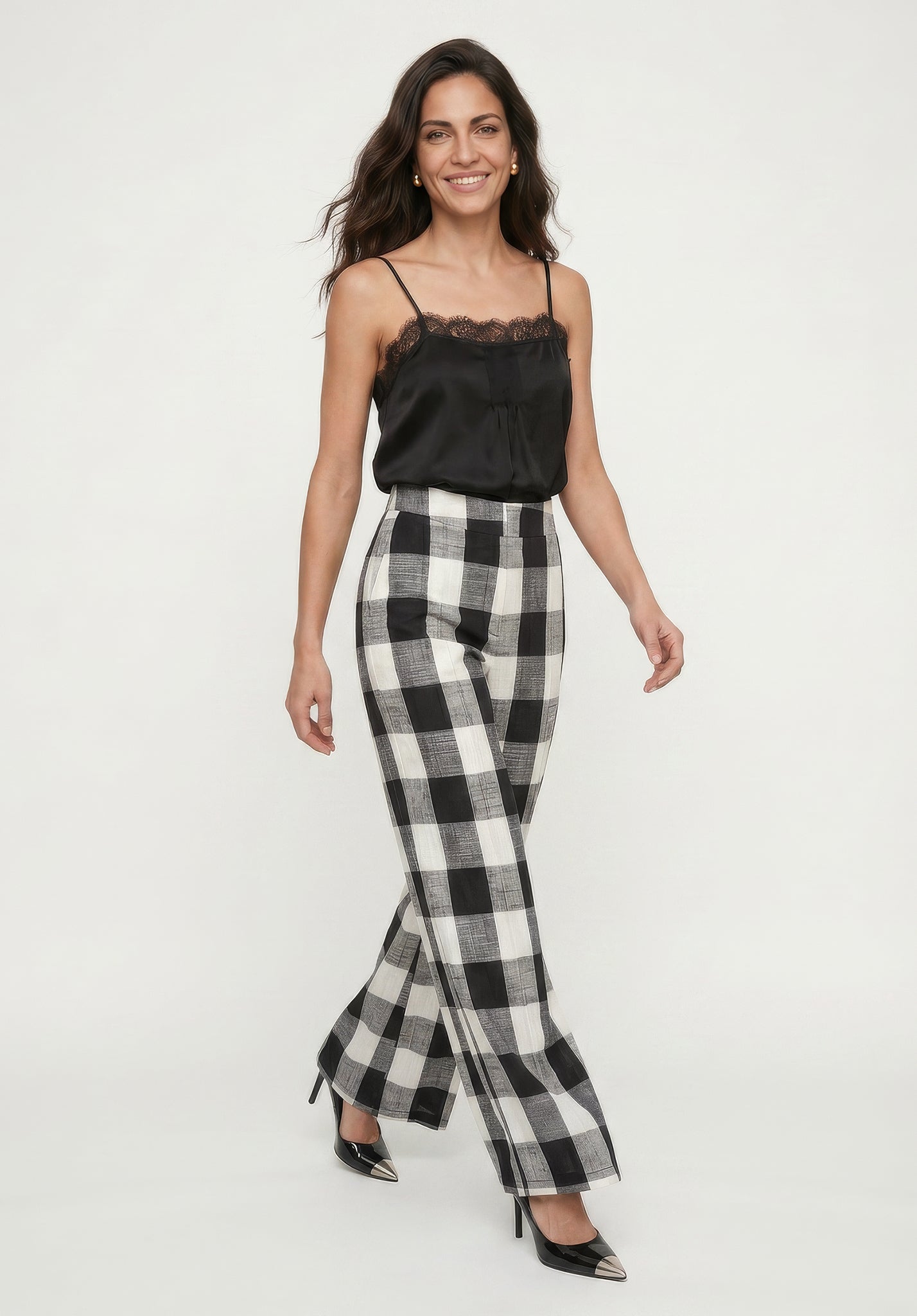 Zena Flared Check Trouser in Black and White