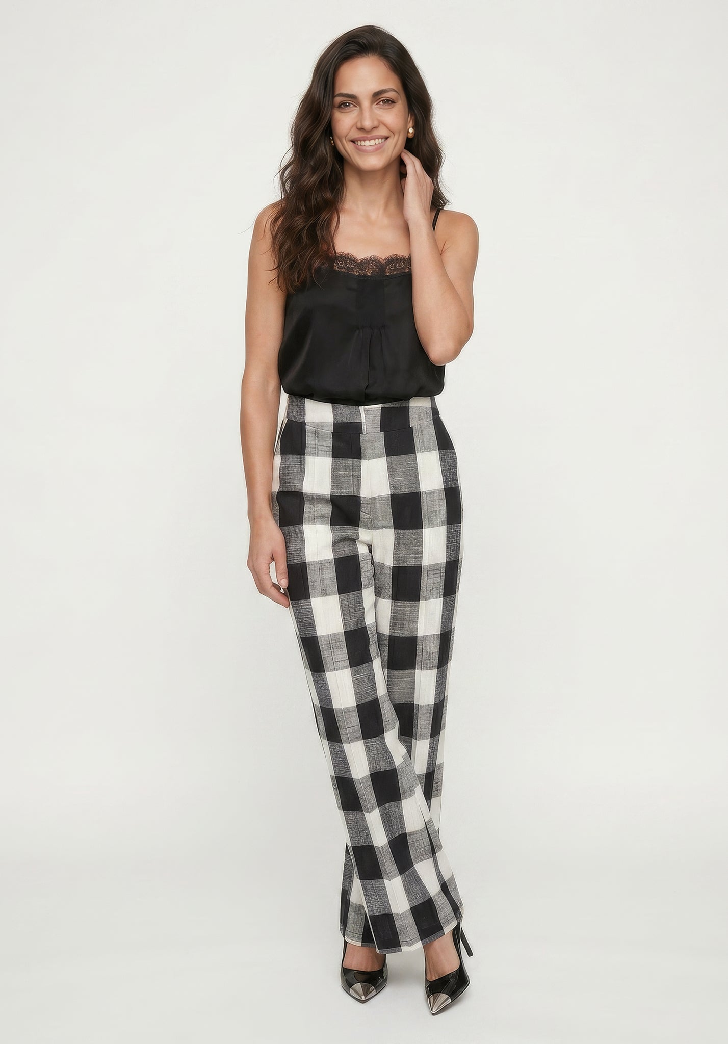 Zena Flared Check Trouser in Black and White