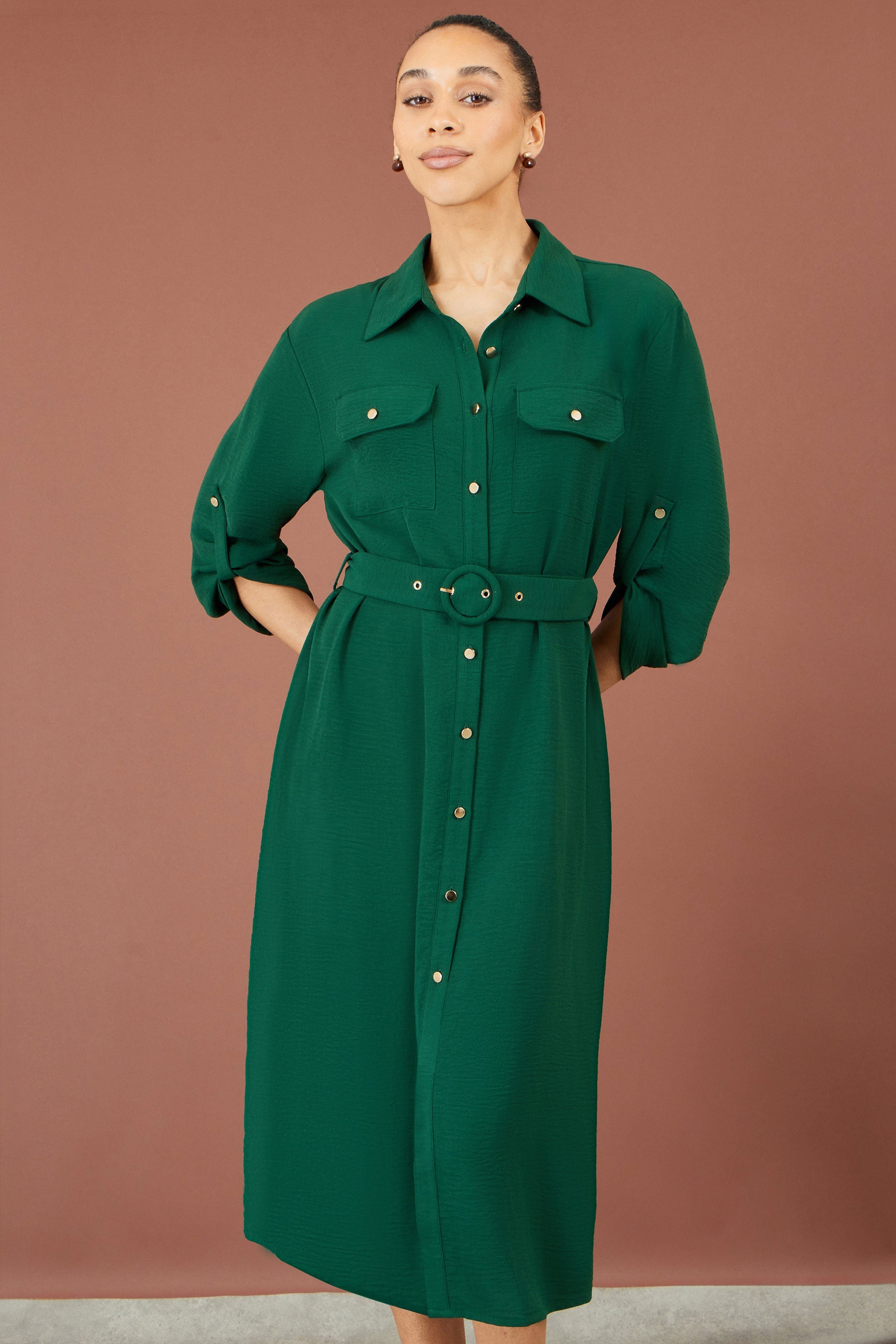 Yumi Green Stretch Midi Shirt Dress