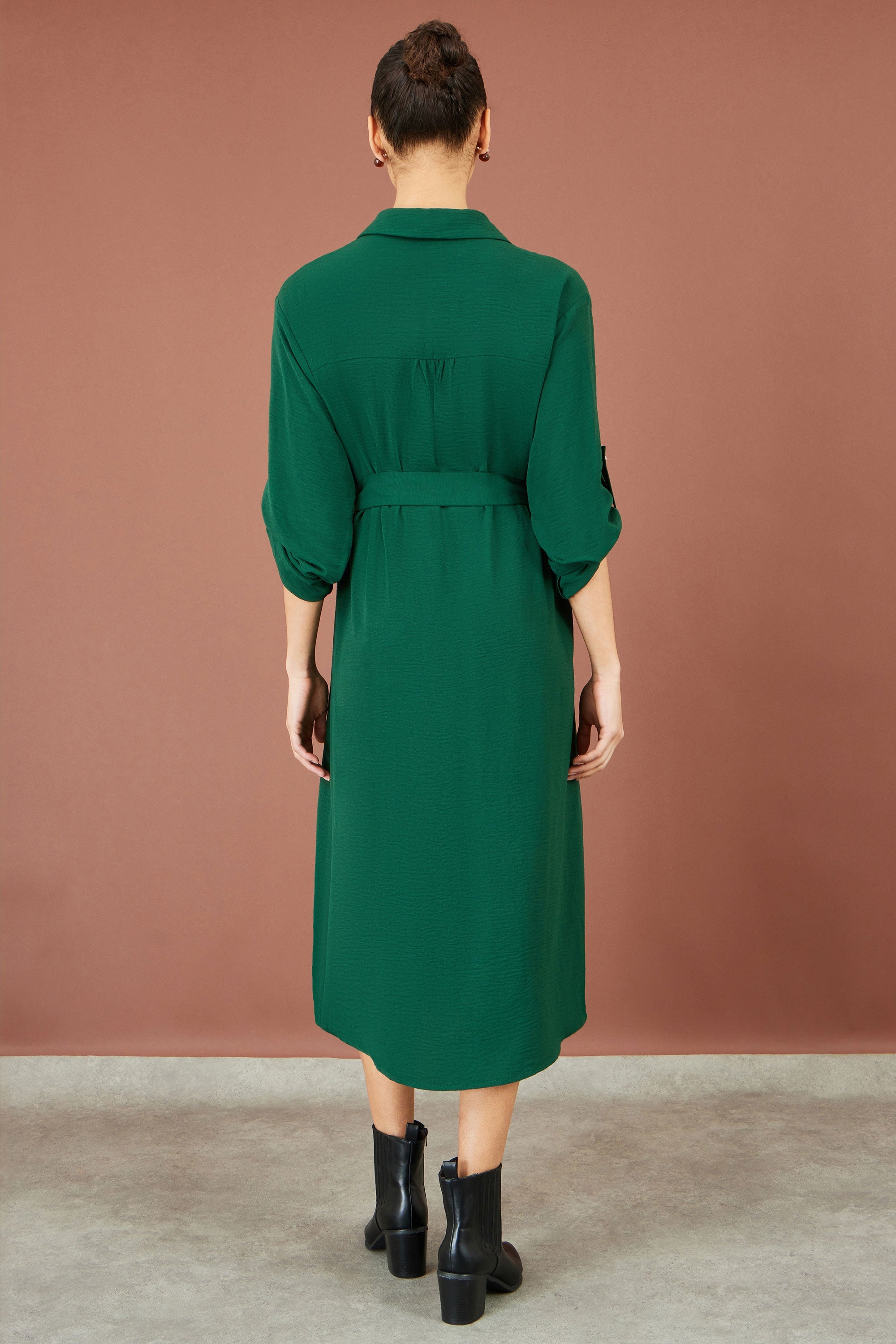 Yumi Green Stretch Midi Shirt Dress