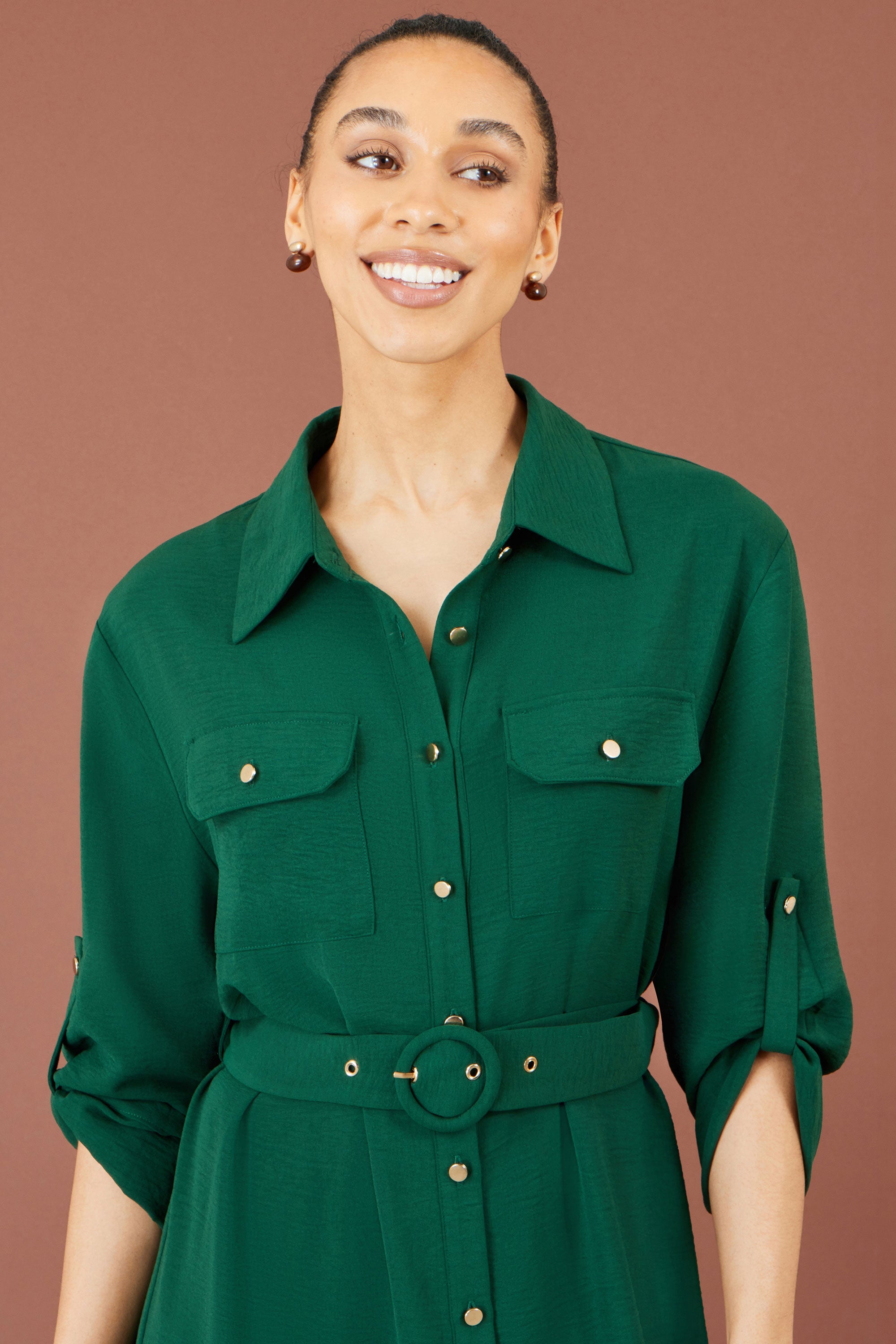 Yumi Green Stretch Midi Shirt Dress