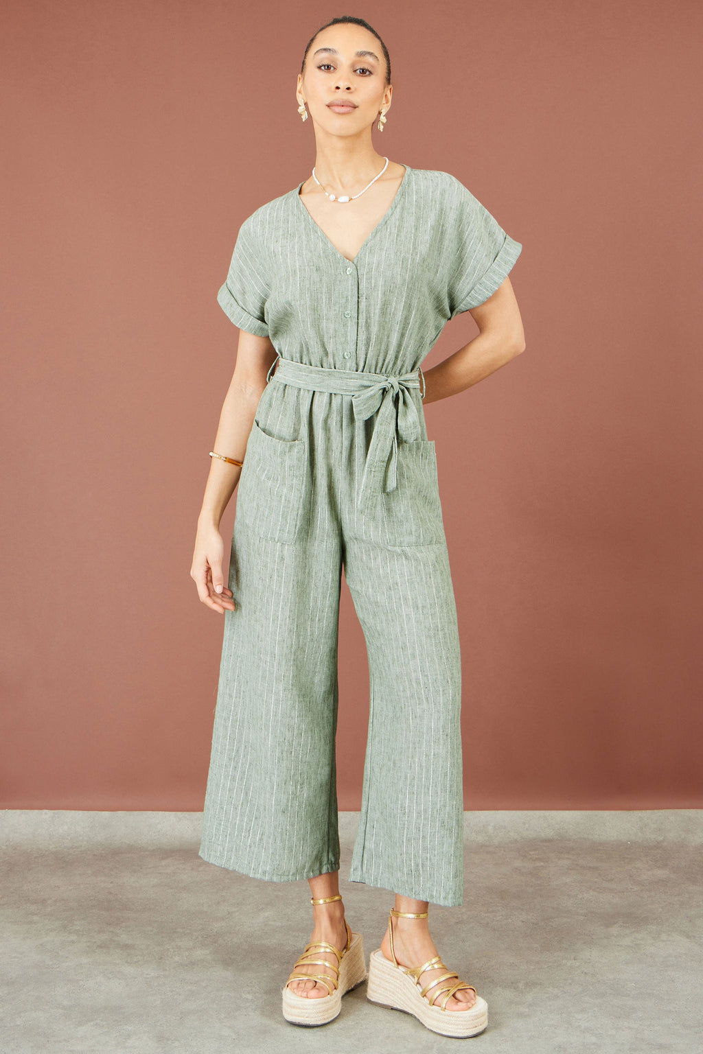 Yumi Green V Neck Kimono Sleeve Jumpsuit