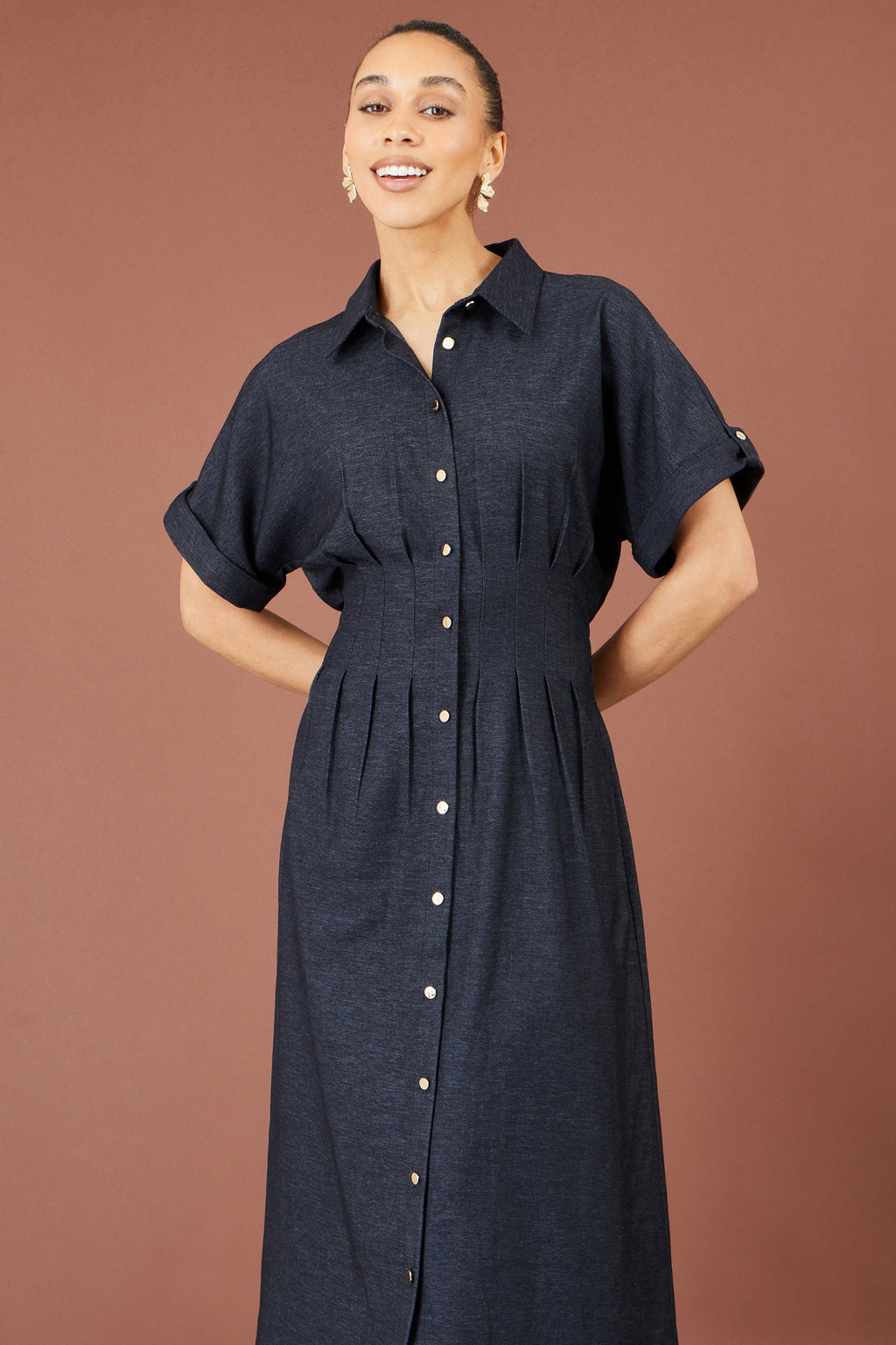 Yumi Navy Stretch Midi Shirt Dress