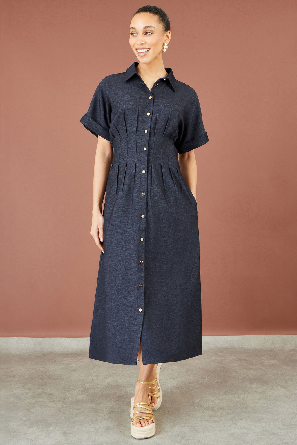 Yumi Navy Stretch Midi Shirt Dress