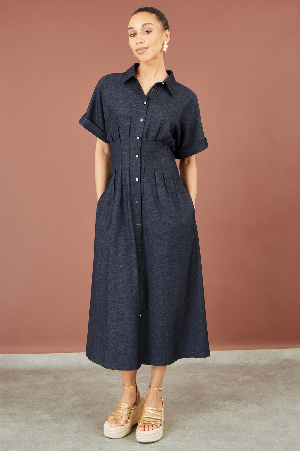 Yumi Navy Stretch Midi Shirt Dress
