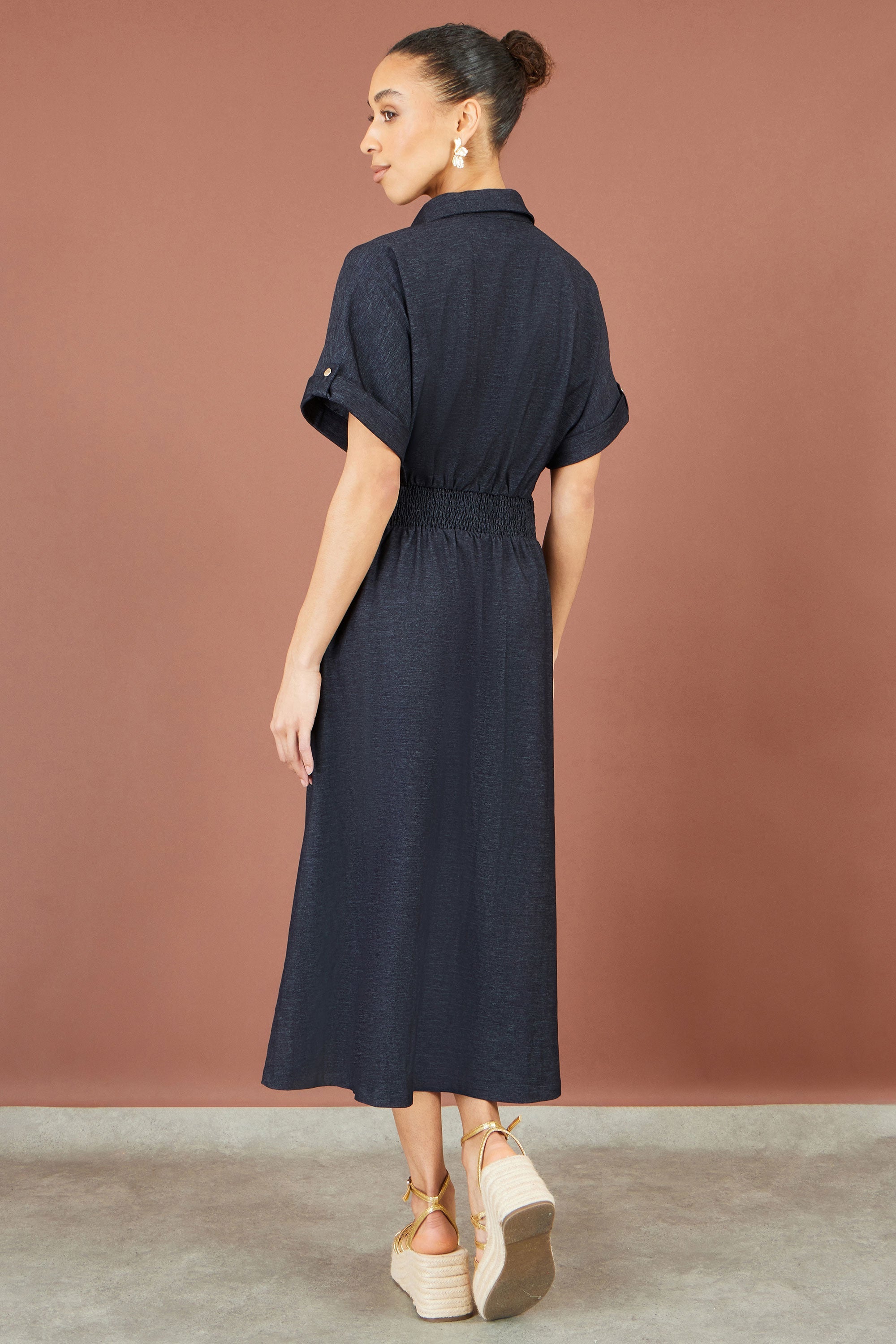 Yumi Navy Stretch Midi Shirt Dress