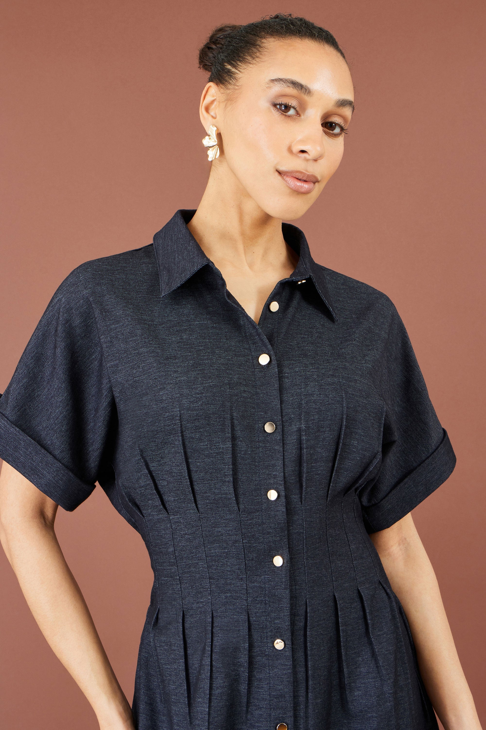 Yumi Navy Stretch Midi Shirt Dress