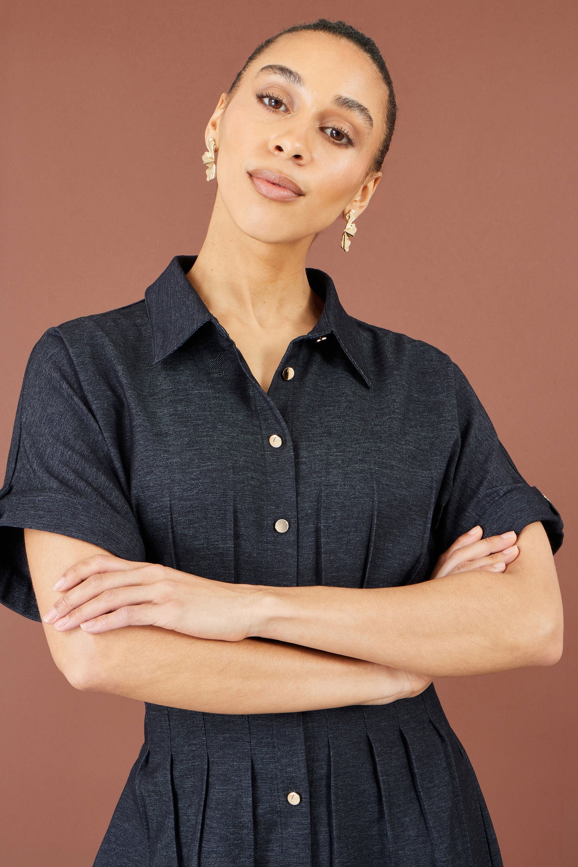 Yumi Navy Stretch Midi Shirt Dress