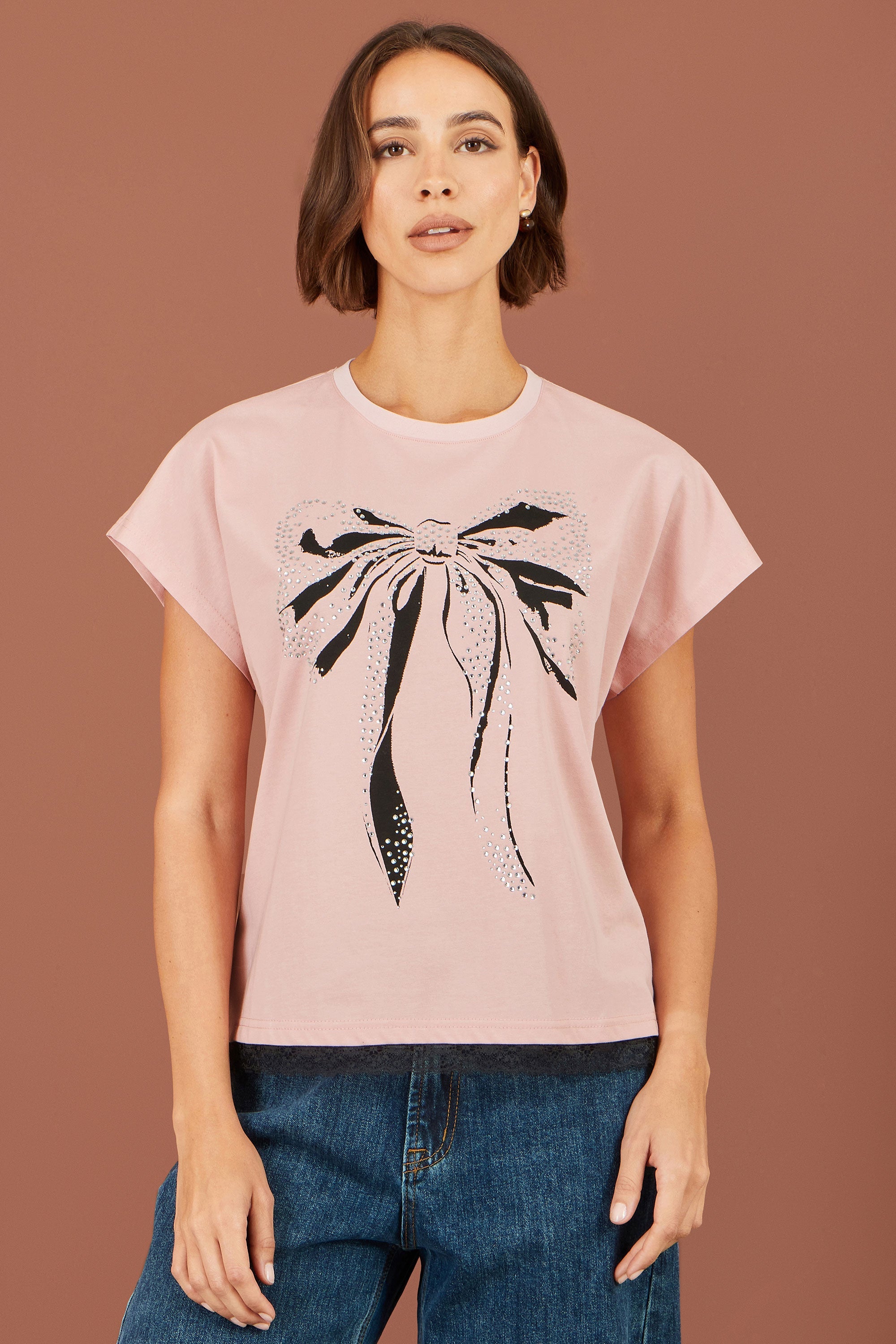 Yumi Pink Bow T-Shirt With Lace