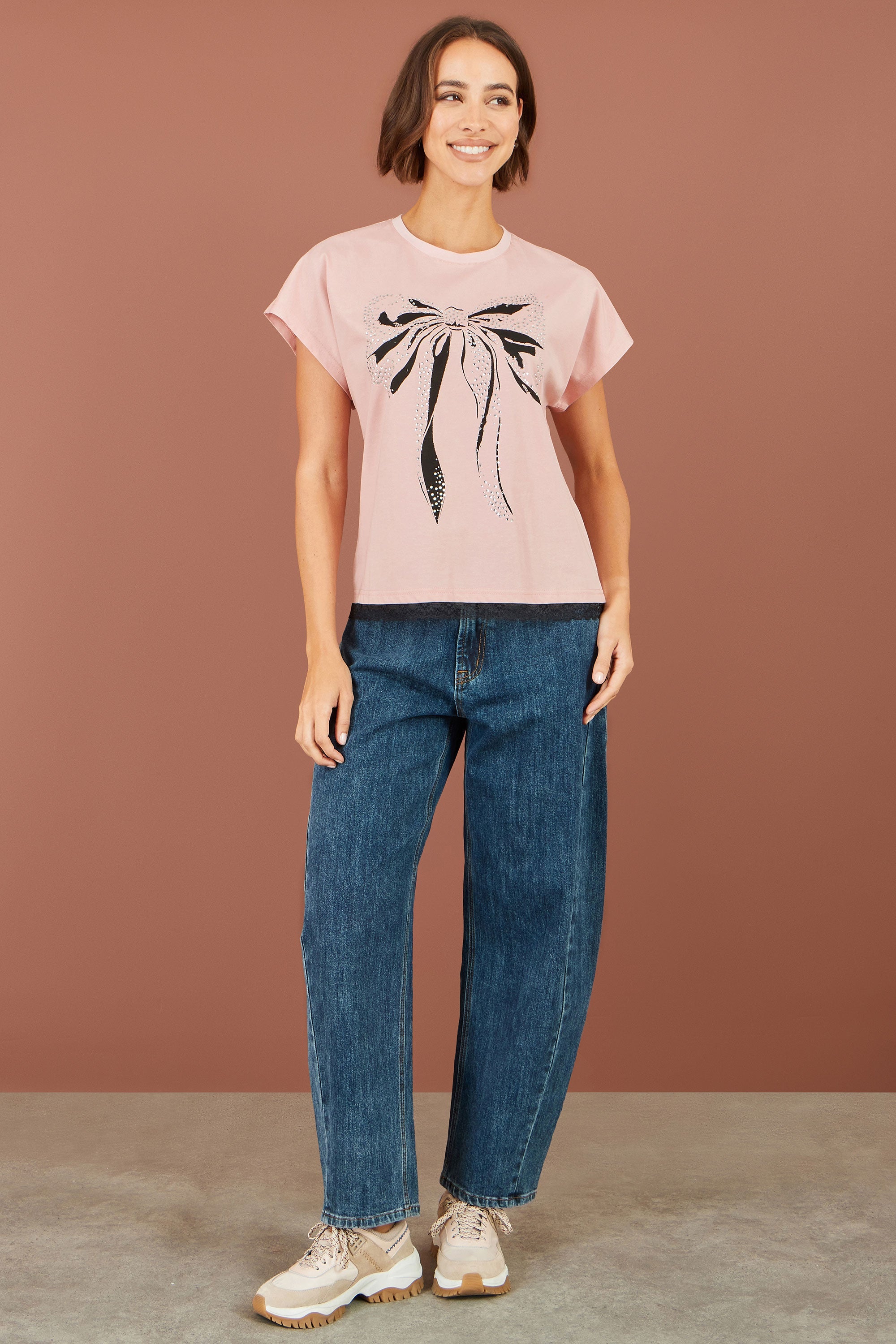 Yumi Pink Bow T-Shirt With Lace