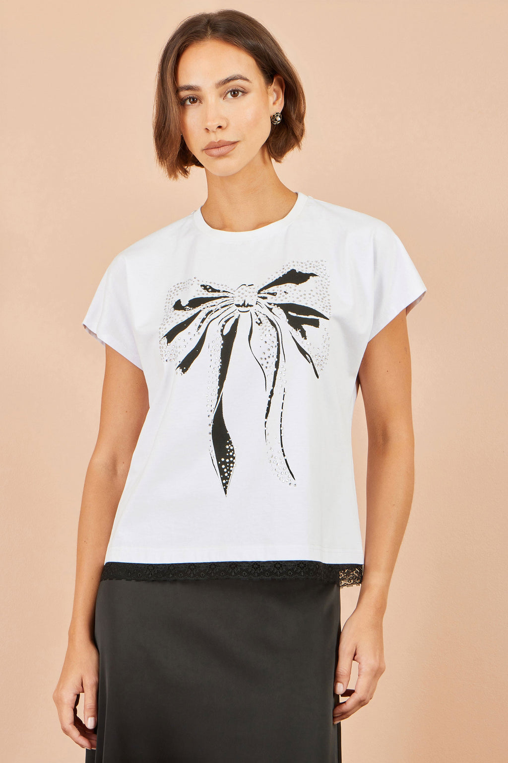 Yumi White Bow T-Shirt With Lace