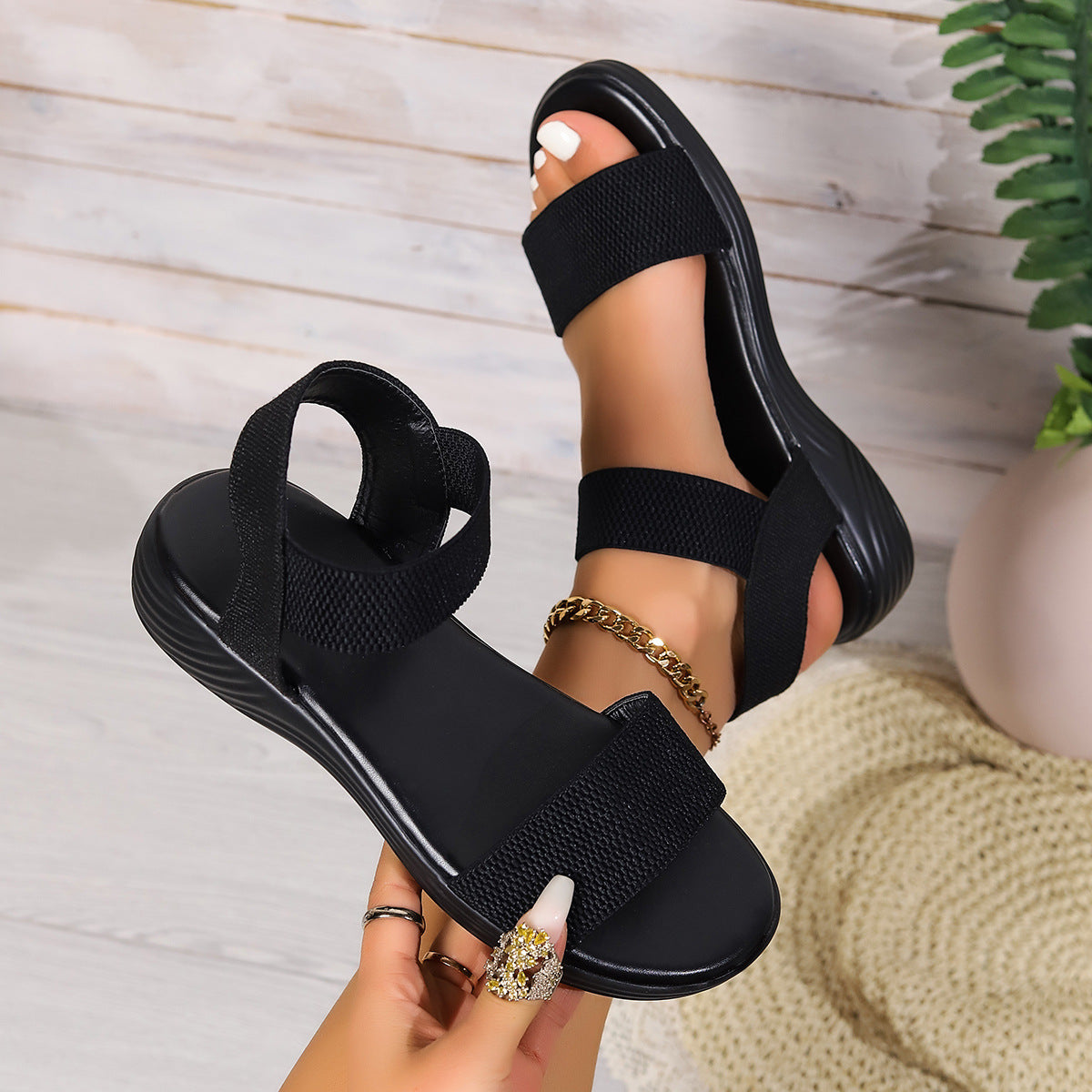 Color-block elastic sandals for women by Kenike, summer flat shoes with fish mouth design and comfortable slip-on style.