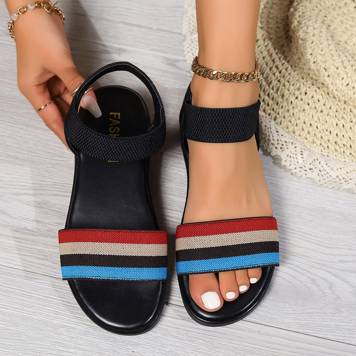 Kenike fashion color-block elastic sandals for women featuring fish mouth flat shoes, perfect for summer stylish wear.